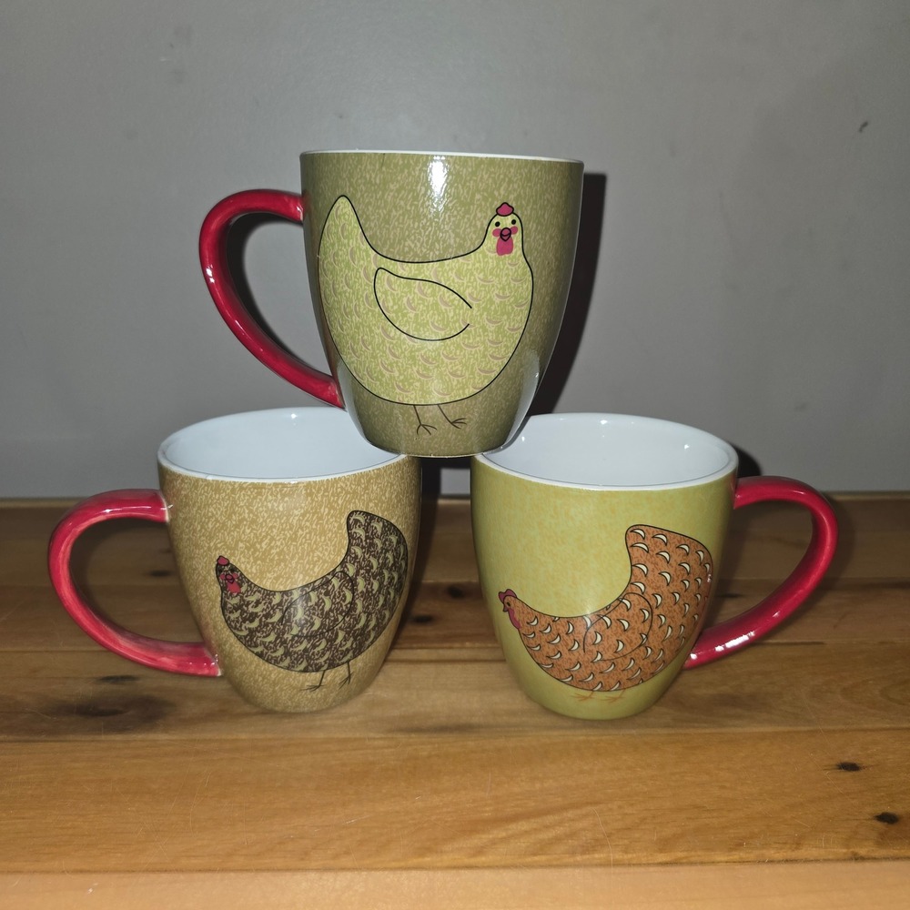 Coldwater Creek Chicken Hen Coffee Mugs Set of 3 Green Red Farmhouse Retired Vtg